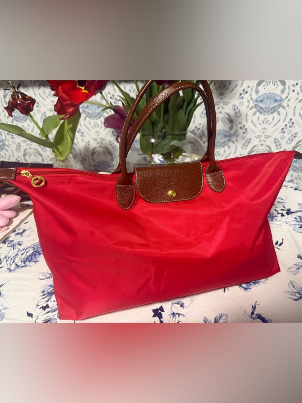 Longchamp Red Nylon Tote with Brown Leather Trim